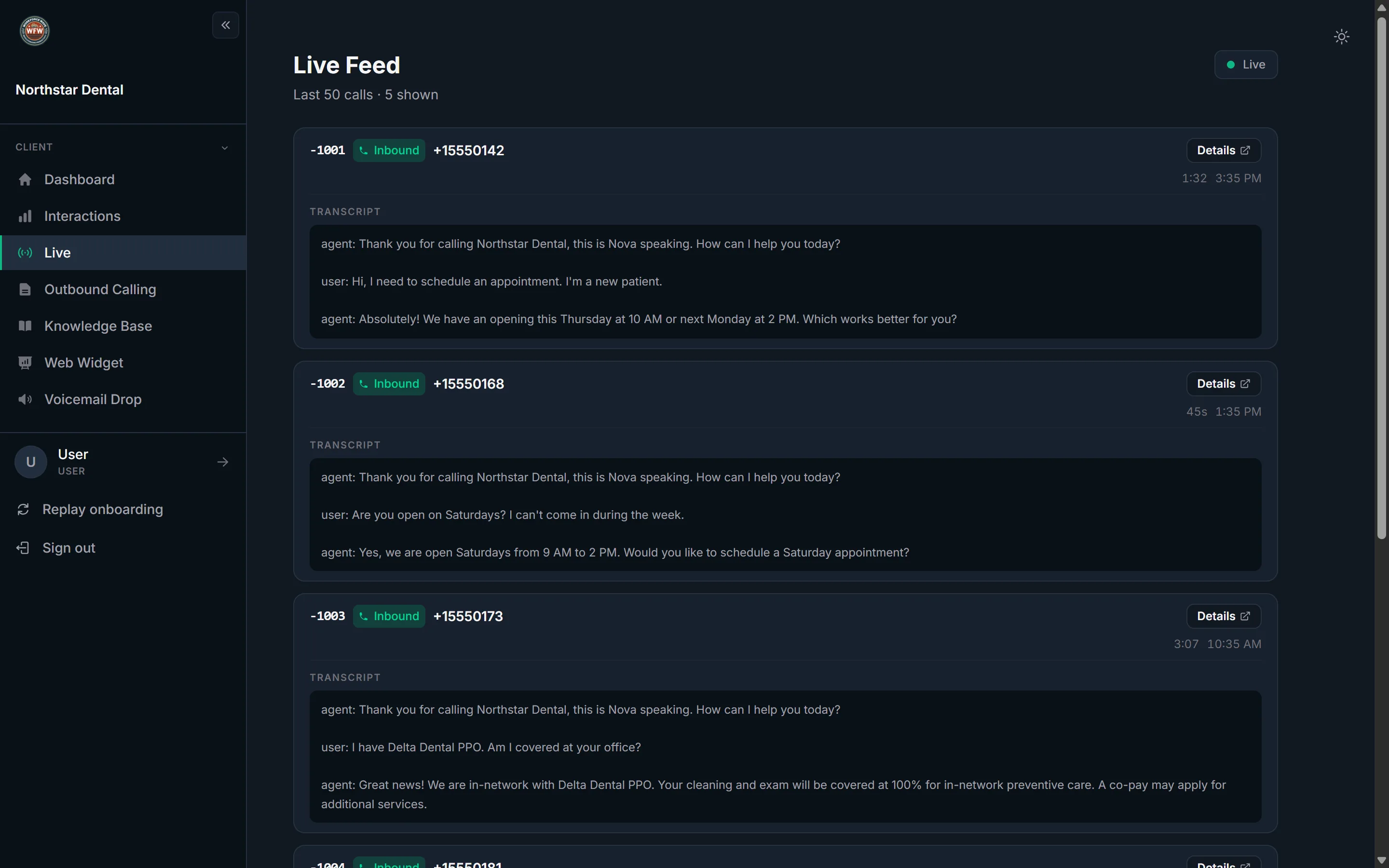 Live call monitoring dashboard in Workforce Wave showing active AI receptionist calls with real-time timers and status.